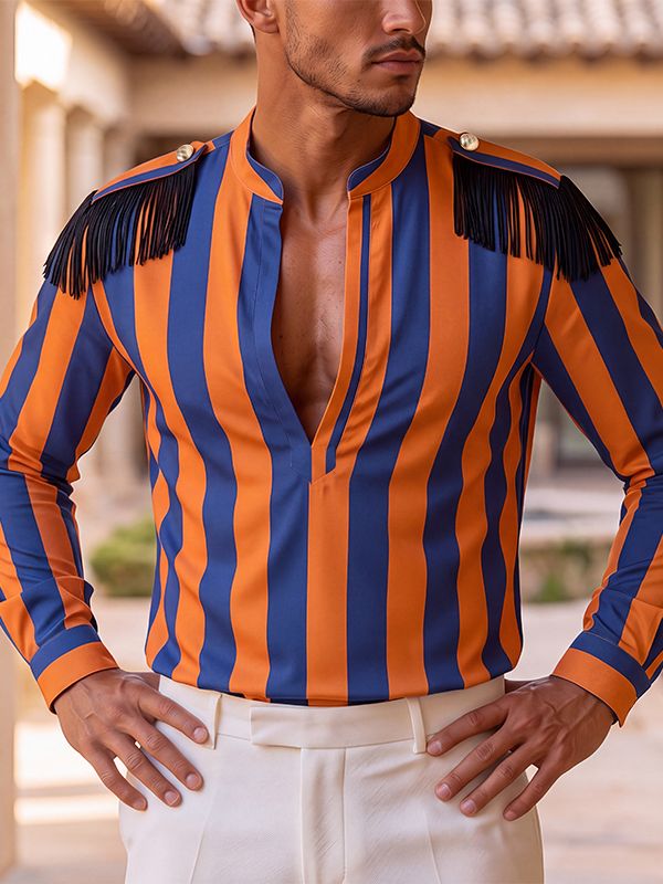 Men's Retro Theatrical Deep-V Fringe Epaulet Bold Striped Shirt SKUL79523