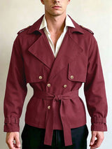 Men's Retro Urban Casual Epaulet Cuff Strap Cinched Waist Structured Twill Long Sleeve Lapel Collar Jacket SKUL78332