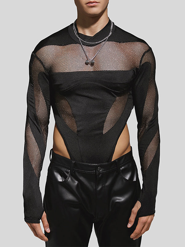 Mens Mesh Patchwork Half-Collar Long Sleeve Bodysuit SKUK33748