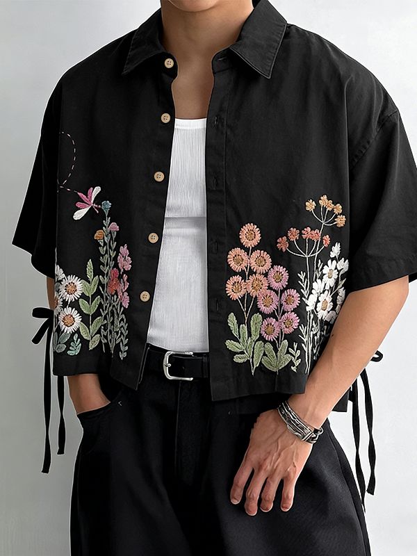 Men's Floral Faux Embroidery Print Side-Tie Ribbon Details Short Sleeve Shirt SKUL52628