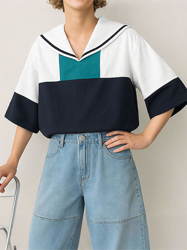 Men's Colorblock Sailor Collar Long Sleeve Shirt SKUL29582