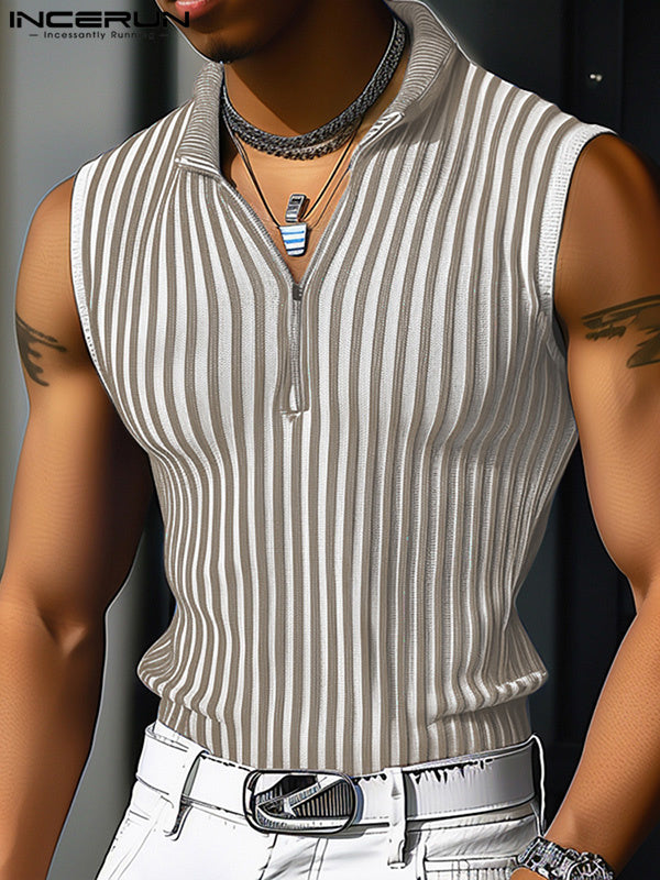 Mens  Solid Color Striped Collared Tank SKUK72480