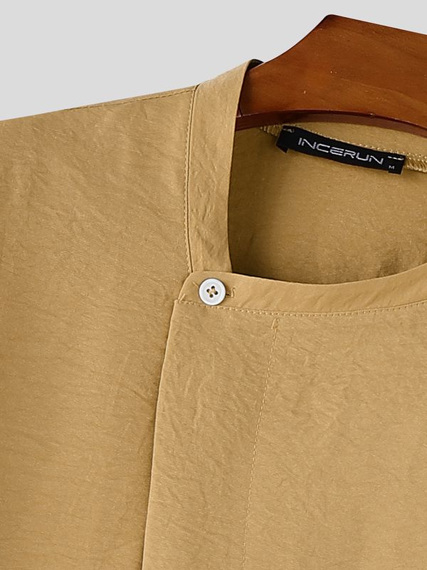 Men's High-Street Neo-Chinese Asymmetric Covered Placket Short Sleeve Shirt SKUL74759