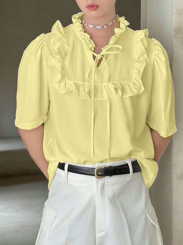 Men's Avant-Garde Romantic Ruffle Trim V-Neck Tie Front Puff Sleeve Shirt SKUL58757