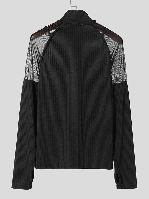 Mens Mesh Patchwork Textured Long-Sleeve T-Shirt SKUK84748