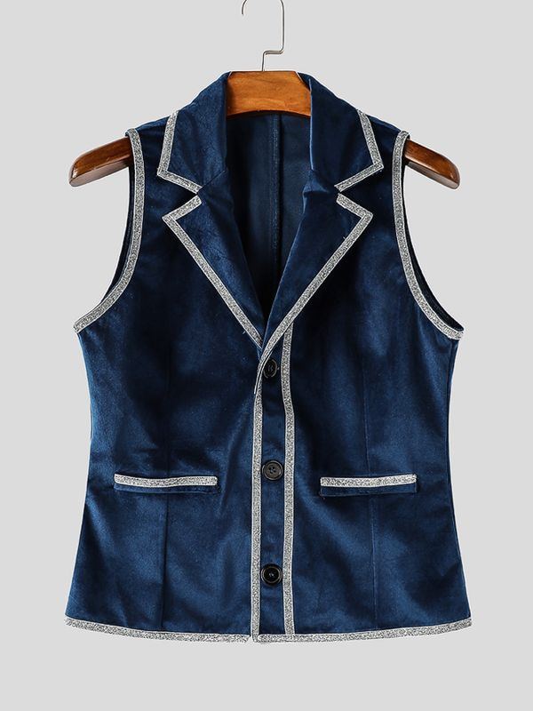 Men's Vintage Aristocratic Velvet Contrast Piping Notch Lapel Fit Waistcoat SKUL78977