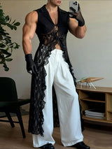 Men's Sheer Lace Patchwork Sleeveless Cardigan SKUL38958