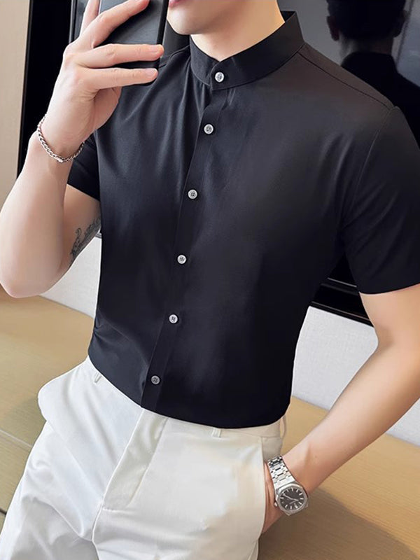 Mens Solid Stand Collar Short Sleeve Shirt SKUK63638