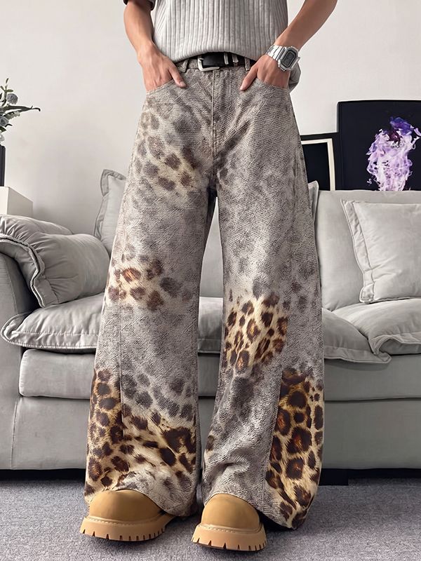 Men's High-Street American Vintage Snow Washed Gradient Leopard Print Wide-Leg Drape Pant SKUL68323