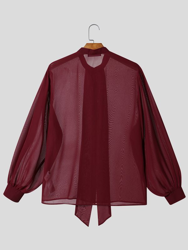 Men's Gothic Victorian Sheer Chiffon Tie Neck Lantern Sleeve Loose Shirt SKUL76758