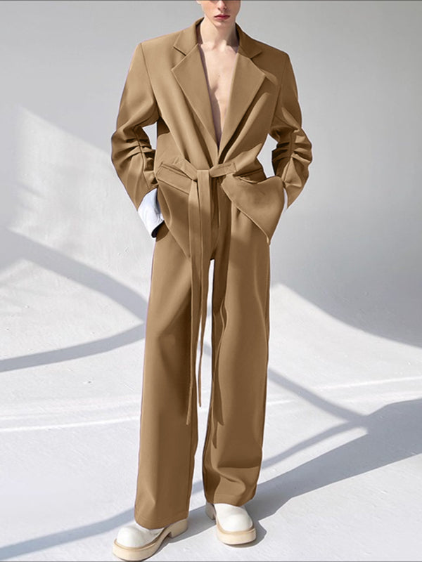 Men's Solid Color Casual Lace-Up Two Pieces Outfit SKUL30288