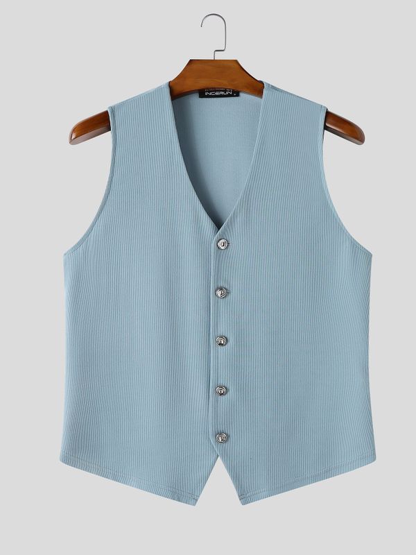 Men's Smart-Casual V-Neck Ribbed Knit Button-Down Waistcoat SKUL76360