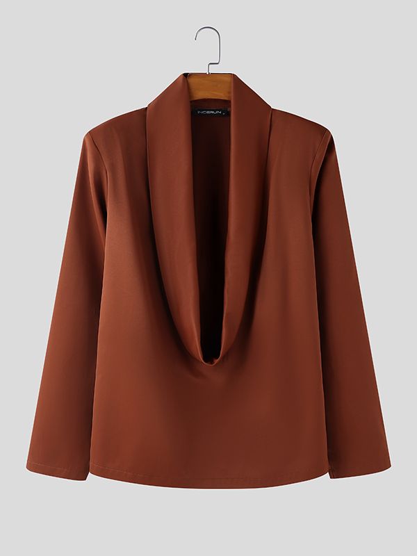 Men's Solid Color Cowl Neck Long Sleeve Shirt SKUL47944