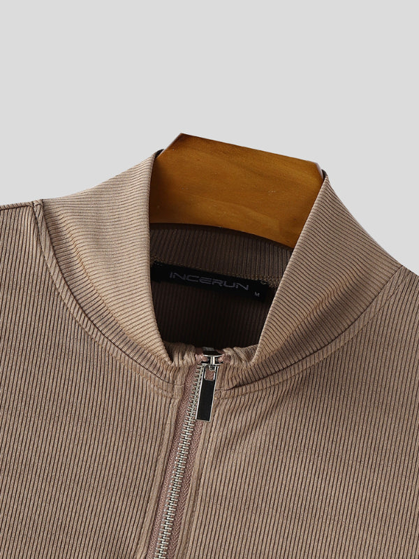 Mens Solid Color Textured Zipper Short Sleeve T-Shirt SKUL15196