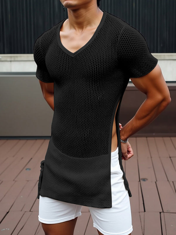 Mens Sheer Mesh Side Slit Short Sleeve T-Shirt SKUL04314
