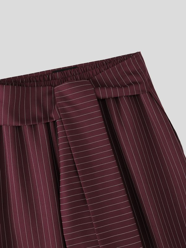 Men's Avant-Garde Asymmetric Wrapped Tie-Waist Pinstripe Oversized Wide-Leg Baggy Pant SKUL70237
