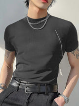 Mens Solid Color Zipper Patchwork Short Sleeve T-Shirt SKUK96756