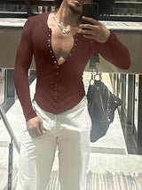 Men's Minimalist Textured Deep V Neck Long Sleeve T-shirt SKUL46565