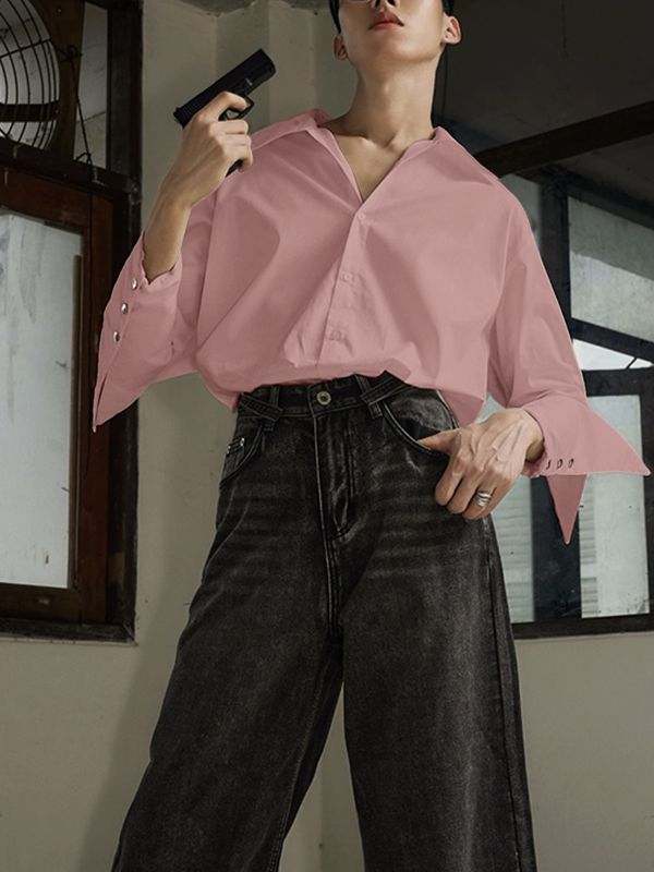 Men's Solid Color Deconstructed Long Sleeve Shirt SKUL45421