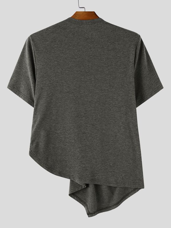 Men's Avant-garde Fashion Draped Metal Button Asymmetric Short Sleeve T-shirt SKUL66864