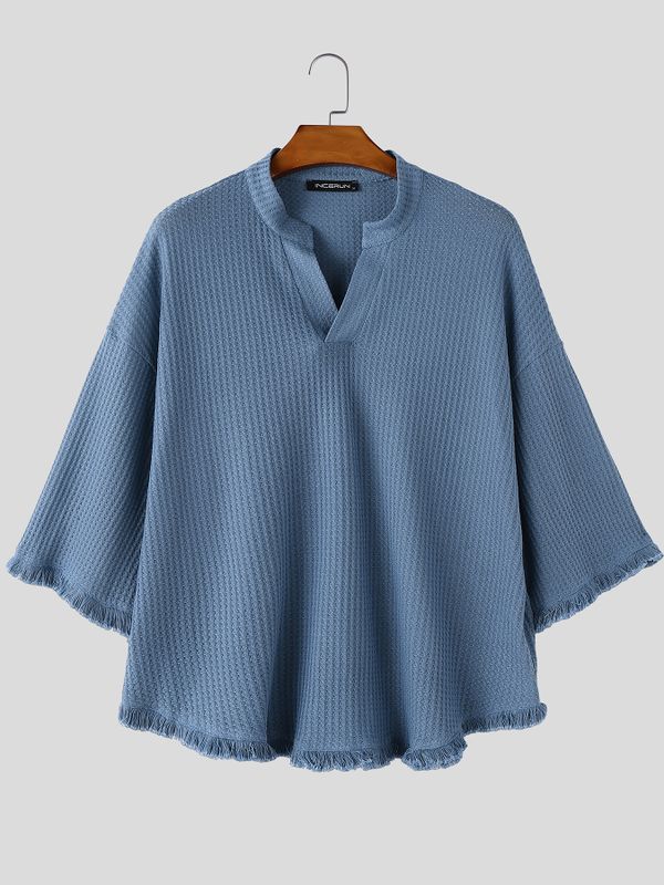 Men's Avant-Garde Modern Neo-Chinese Zen Waffle Knit Drop Shoulder T-shirt SKUL73499