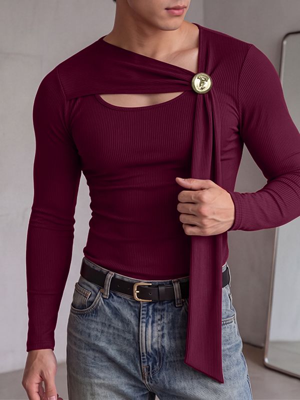 Men's Modern Gothic Stage Performance Chest Cutout Gold Buckle Ribbon Ribbed Long Sleeve T-shirt SKUL83995