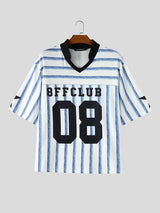 Men's American Streetwear Blokecore Striped Number Print Contrast Dropped Shoulder Short Sleeve Shirt SKUL69691