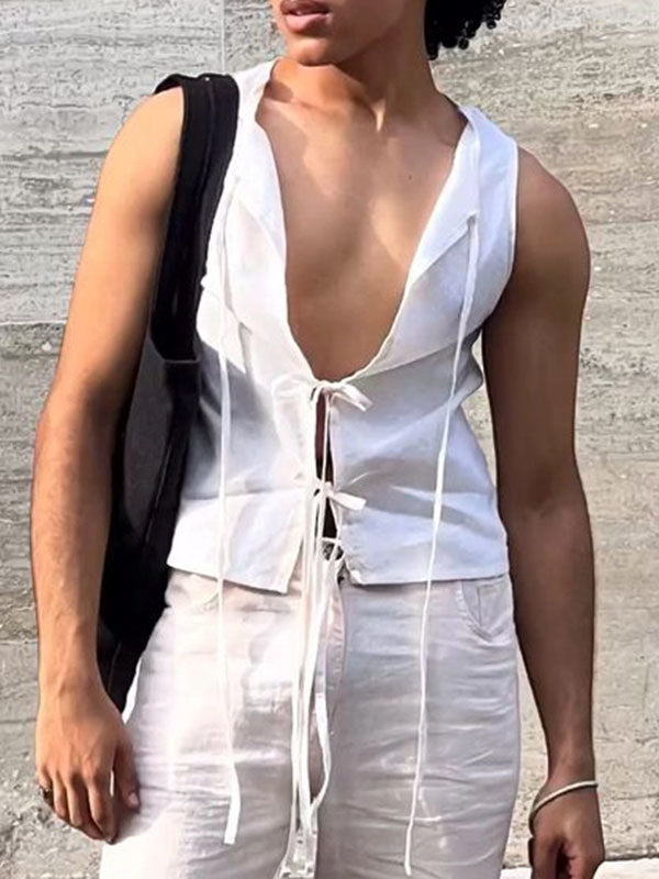 Mens Solid Color Lace-Up Design Casual Tank SKUL13172