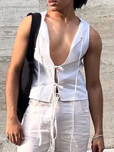 Mens Solid Color Lace-Up Design Casual Tank SKUL13172