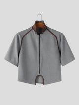 Men's Textured Patchwork Short Sleeve Zipper Cardigan SKUL47599