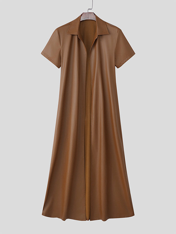 Men's Solid Faux Leather Lapel Short Sleeve Cardigan SKUL26034