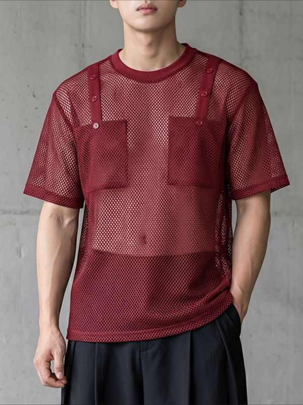 Men's Avant-Garde High Street Sheer Fishnet Mesh Button Detail Cargo Pocket T-shirt SKUL65245