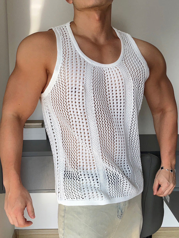 Mens Solid Mesh See Through U-Neck Vest SKUK57934