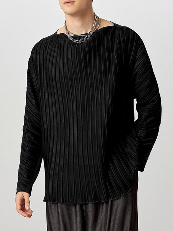 Mens Solid Color Ruched Design Long-Sleeve T-Shirt SKUK84550