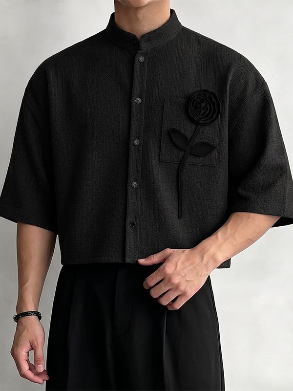 Men's Vintage Modern Chinese Mandarin Collar 3D Applique Rose Cropped Short Sleeve Shirt SKUL73660