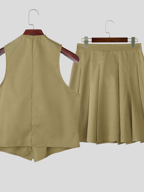 Men's Solid Color Pleated Skirt Two Pieces Outfit SKUL41268
