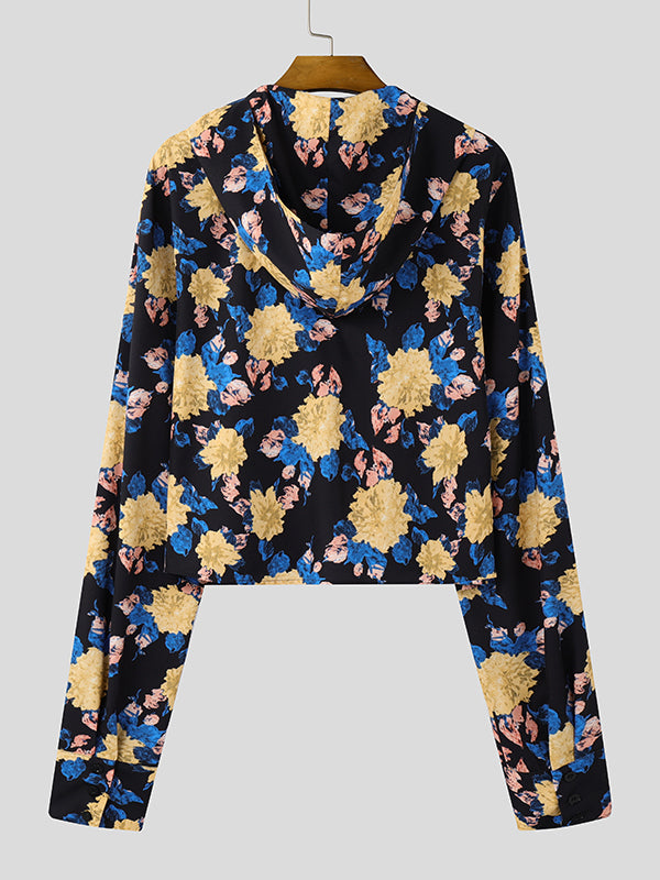 Mens Floral Print Hooded Long-Sleeve Shirt SKUK90502