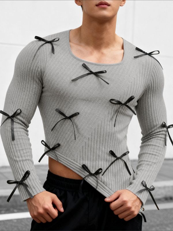 Men's Small Bow Patchwork Design Knit Textured Long Sleeve T-shirt SKUL43733