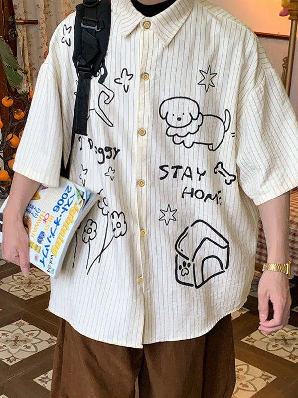 Men's Cartoon Print Striped Short Sleeve Shirt SKUL17040