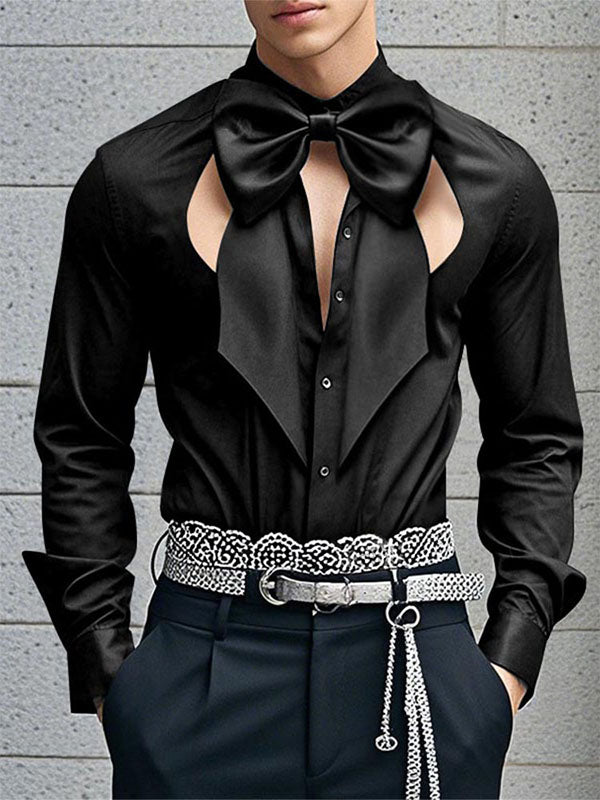 Mens Bow Tie Detail Hollow-Out Long Sleeve Shirt SKUK95688