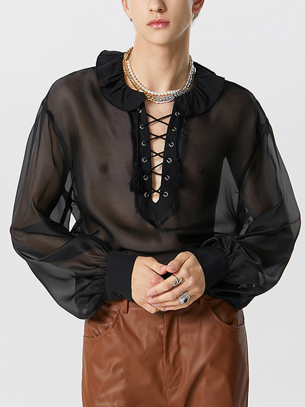 Mens Ruffle Lace-Up Neck See Through Shirt SKUK25640