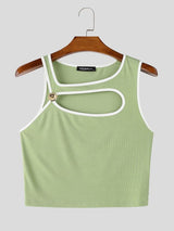 Men's Avant-Garde Genderless Contrast Binding Metal Button Chest Cutout Cropped Fitted Tank SKUL72439