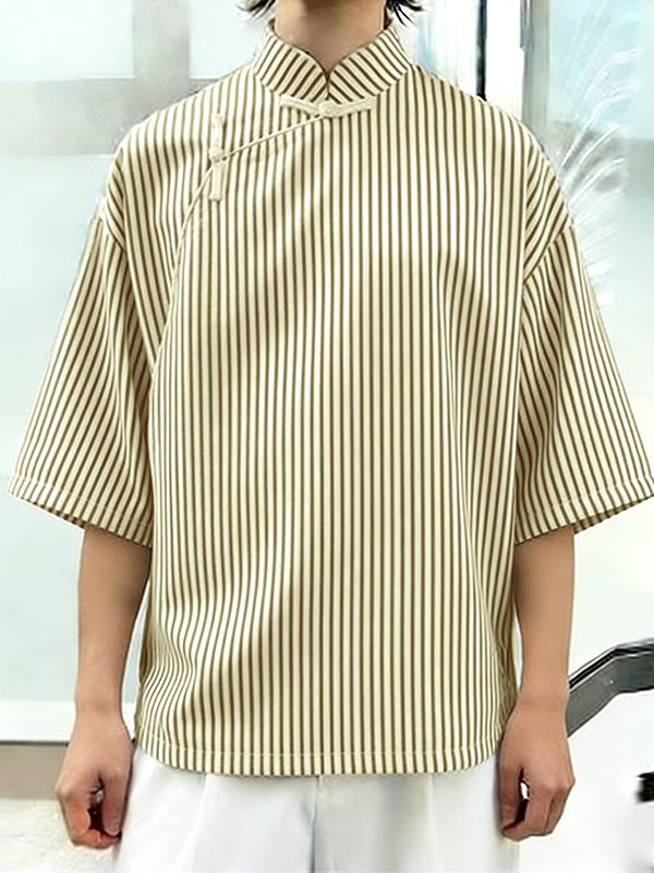 Men's New Chinese Style Pinstripe Asymmetrical Frog-Button Shirt SKUL56249