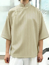Men's New Chinese Style Pinstripe Asymmetrical Frog-Button Shirt SKUL56249