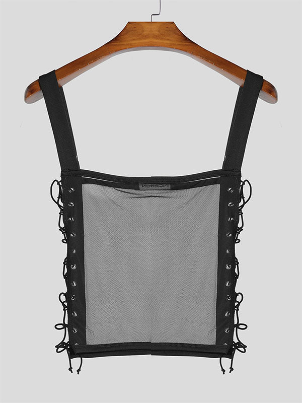 Men's Sheer Mesh Drawstring Cropped Tank SKUL12253