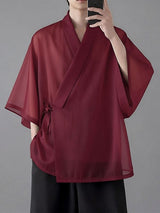 Men's New Chinese Style Relaxed Sheer Mesh Crossover Wrap Cardigan SKUL62034