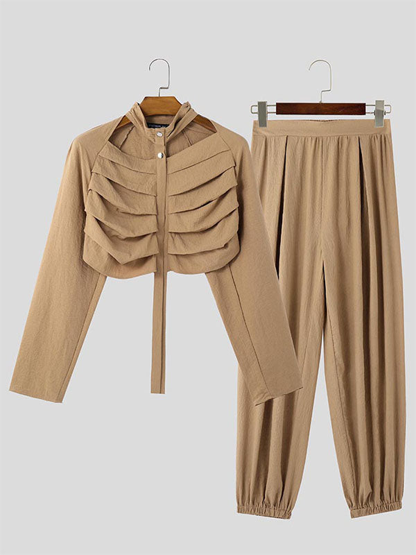 Mens Solid Color Pleated Cropped Two Pieces Outfit SKUK95581