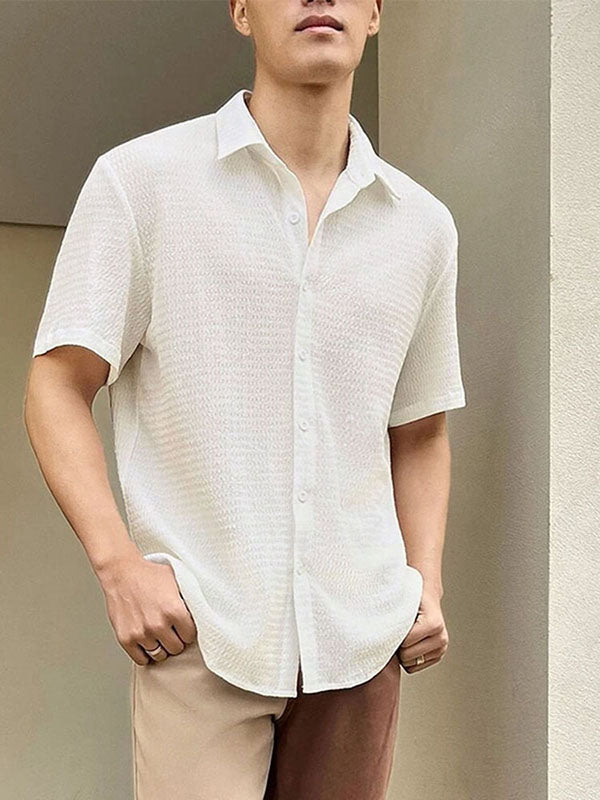 Mens Solid Lapel Collar Short Sleeve Shirt SKUK52047