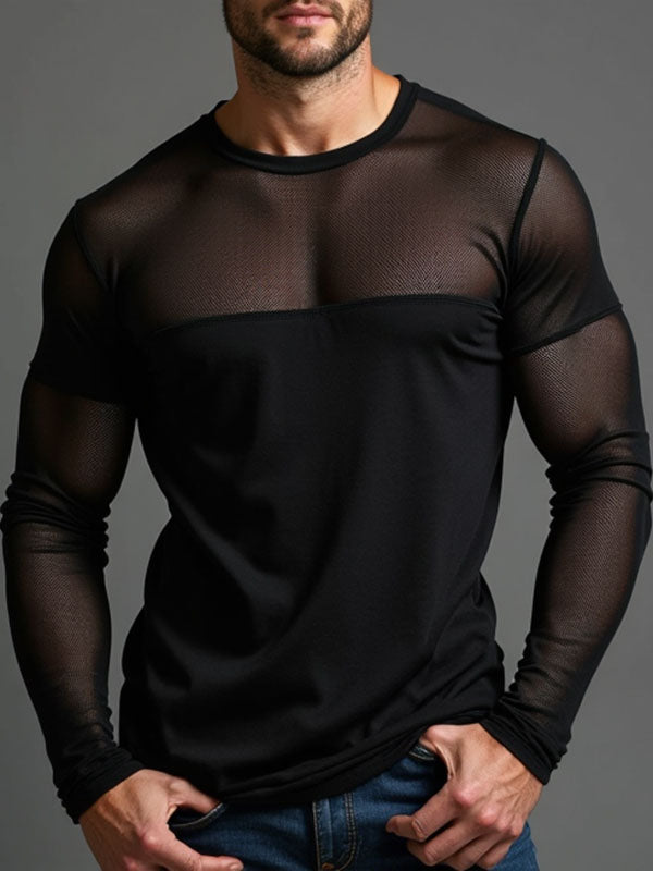 Mens Mesh Design Slim Fit Patchwork Long Sleeve T-Shirt SKUK85958