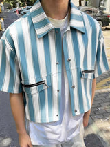Men's Streetwear Cropped Vertical Stripe Short Sleeve Shirt SKUL58662